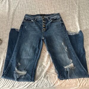 Judy Blue Distressed Flare Leg button fly distressed Jeans - Blue